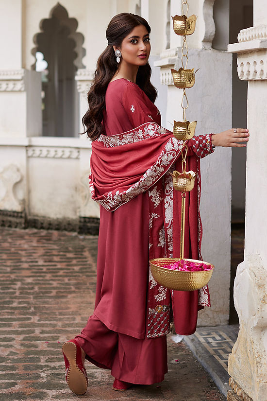 SCARLET SAGE-3PC LINEN EMBROIDERED SUIT