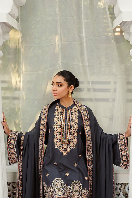 SMOKY FLECK-3PC LINEN EMBROIDERED SUIT