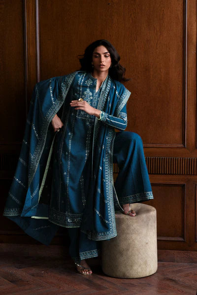 TEAL BLUE LUXURY EMBROIDERED KARANDI SET (NEL-25625)