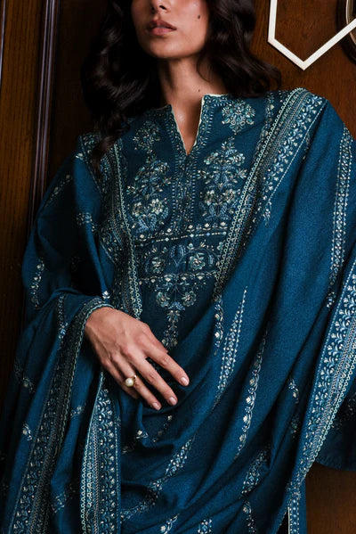 TEAL BLUE LUXURY EMBROIDERED KARANDI SET (NEL-25625)