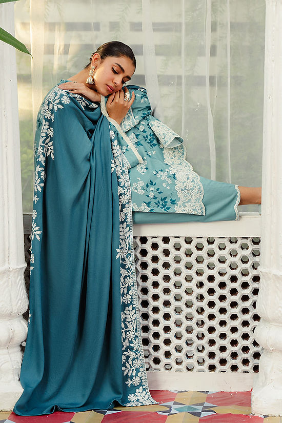 TEAL WATERS-3PC LINEN EMBROIDERED SUIT