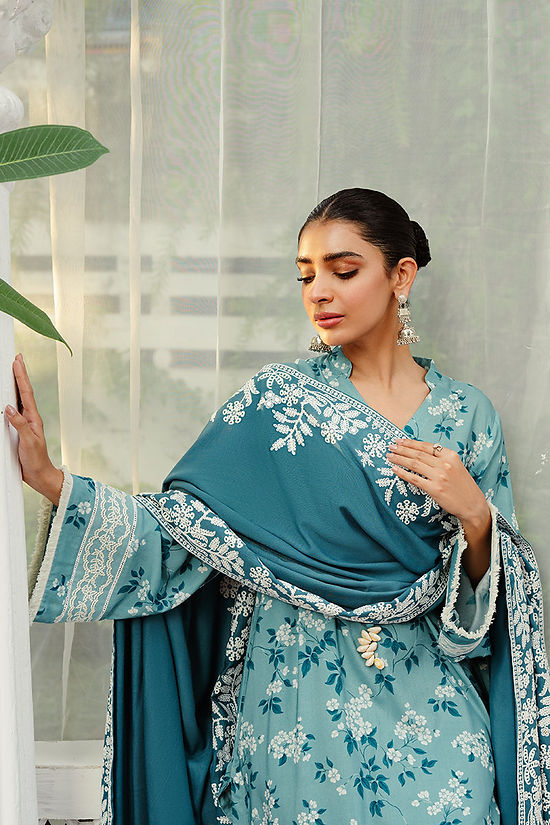 TEAL WATERS-3PC LINEN EMBROIDERED SUIT