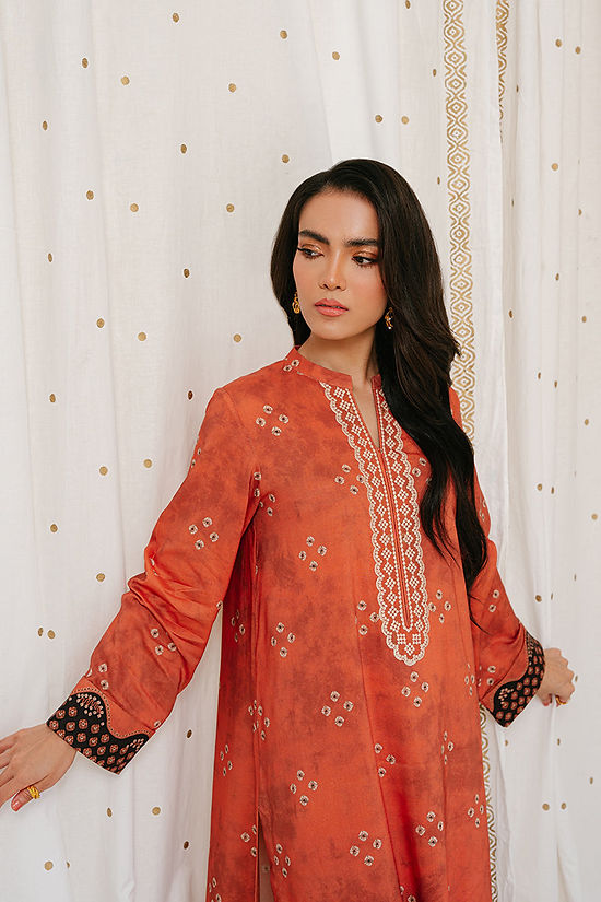 AMBER BROWN-2PC LINEN PRINTED SUIT