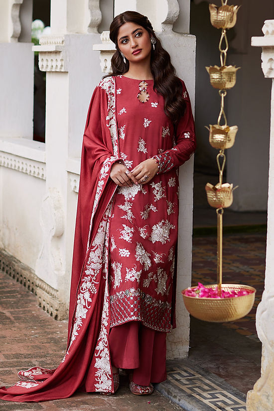 SCARLET SAGE-3PC LINEN EMBROIDERED SUIT