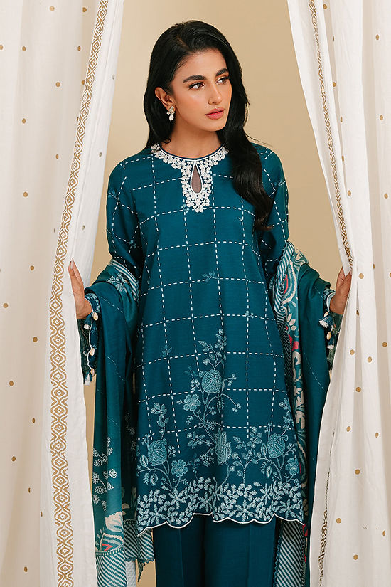 TEAL LATTICE-3PC KHADDAR PRINTED SUIT