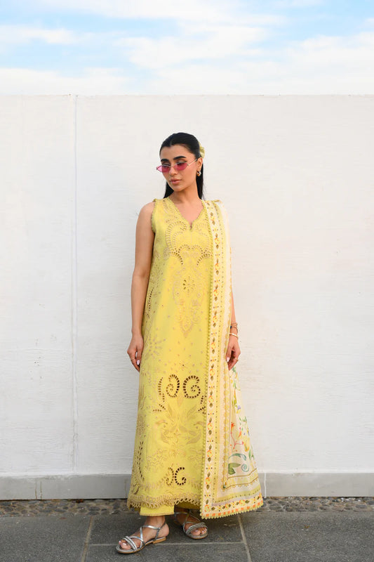 PASTEL LIME YELLOW LUXURY EMBROIDERED LUXURY LAWN SET (NEL-26607)