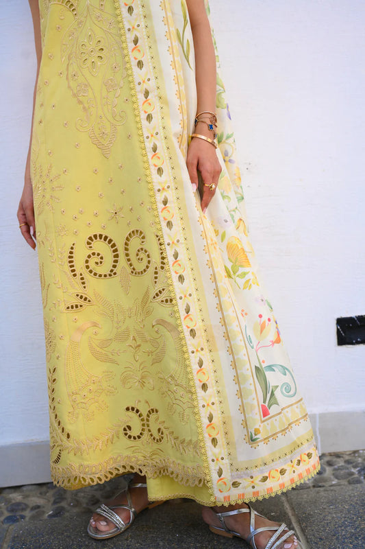 PASTEL LIME YELLOW LUXURY EMBROIDERED LUXURY LAWN SET (NEL-26607)